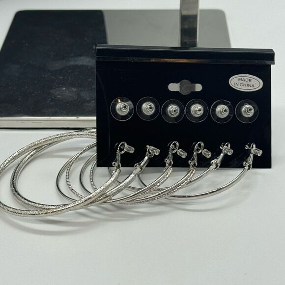 Variety 6 Pair Silver Tone Multi Stud And Hoop Earrings 1.75 - 2.5 inch - Picture 3 of 5